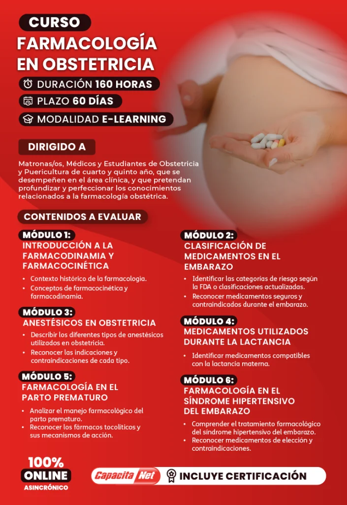 “Curso online de farmacología en obstetricia certificado en Chile, 160 horas de formación profesional para médicos y matronas